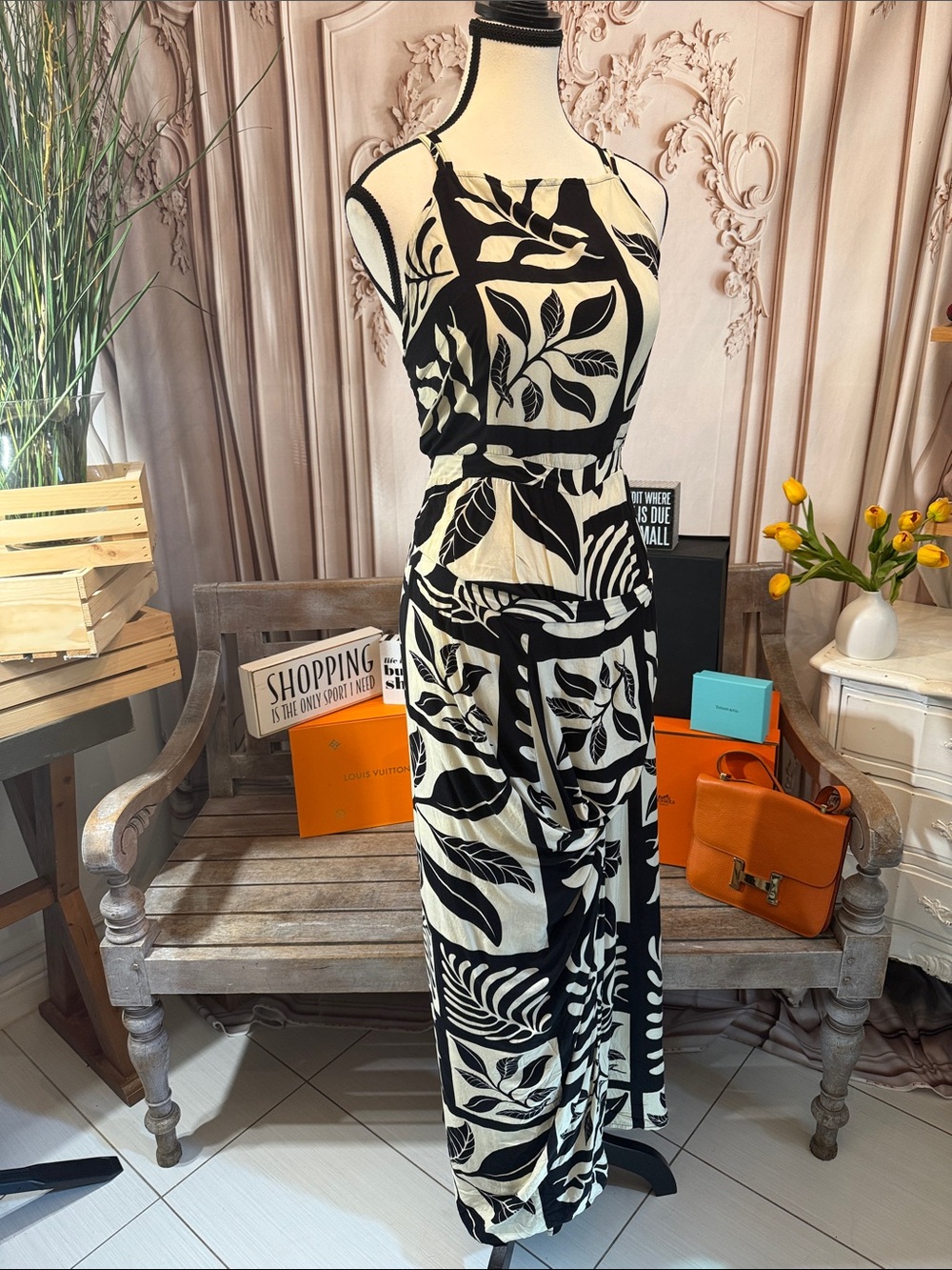 Vintage Black and Cream Botanical Halter Maxi Dress
